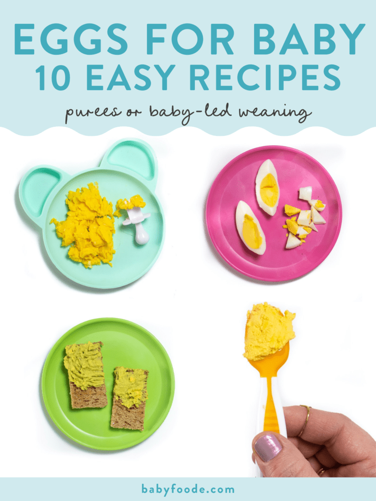 Graphic for post - Eggs for baby - 10 easy recipes - purees or baby led weaning. Images are of egg recipes on brightly colored baby plates and spoons.