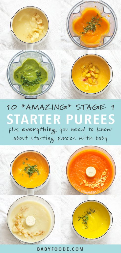 A collage of stage one homemade baby food recipes.