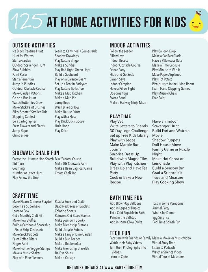 A free printable of 125 amazing at home activities for toddler, preschooler and kids. 