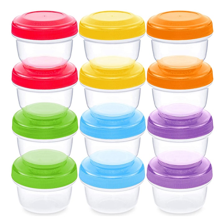 colorful set of 12 baby food storage containers.