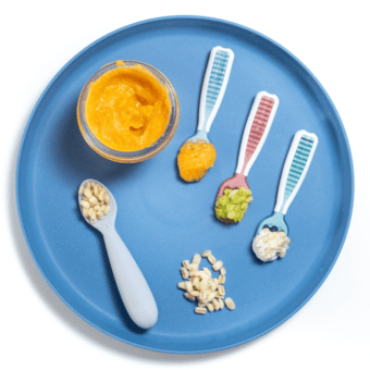 Blue, baby play showing different ways to serve barley to Baby on a white countertop.