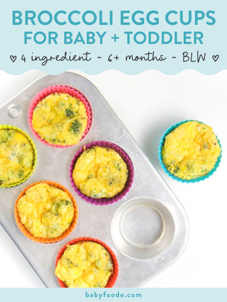 Graphic for Post - Broccoli Egg Cups for Baby + Toddler, 4 ingredients, 6+ months - blw. Images is of a muffin tin with colorful silicone liners with a healthy muffins on a white background. ,