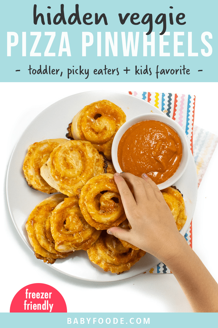 Graphic for post - hidden veggie pizza pinwheels - toddler, picky eater and kid favorite. Small kids hands reaching for a pinwheel on a white plate.
