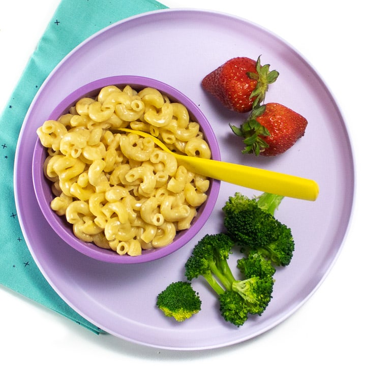 Kids dinner plate with instant pot Mac and cheese ready for a quick and easy family dinner.