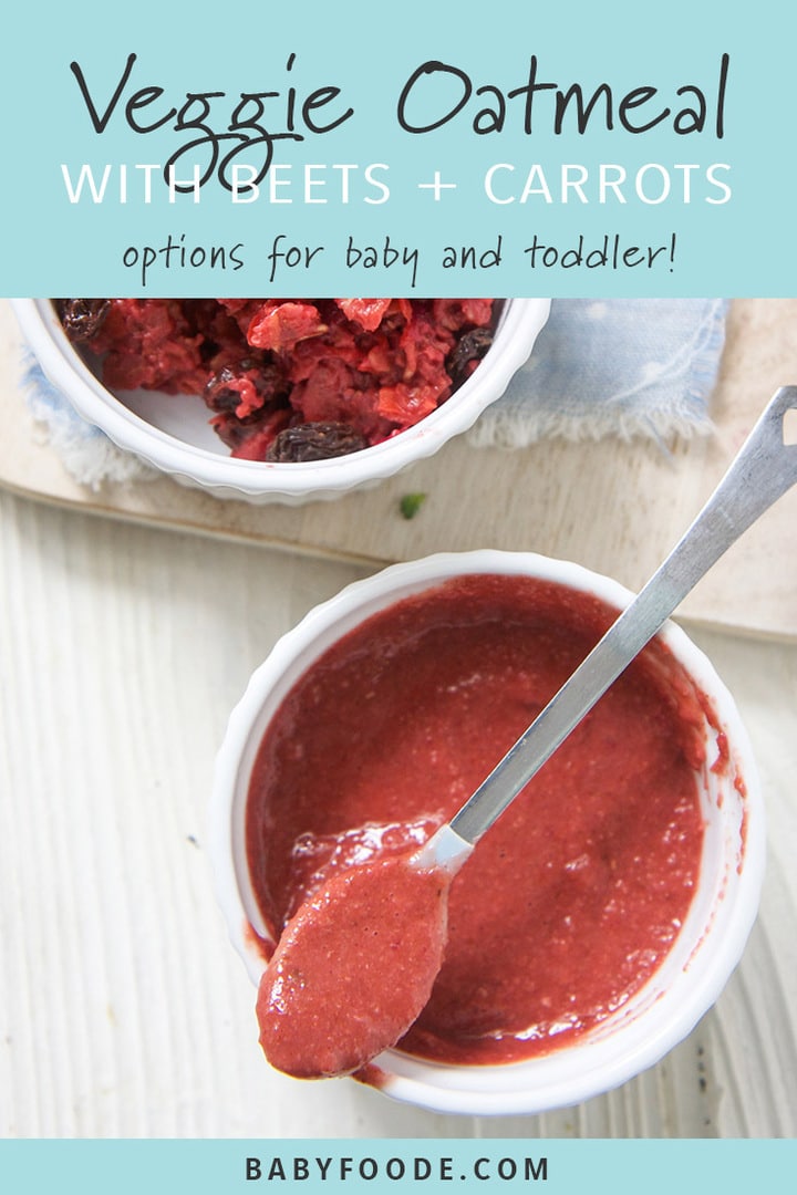 Two bowls of veggie oatmeal with beets and carrots - one blended into a puree for baby.