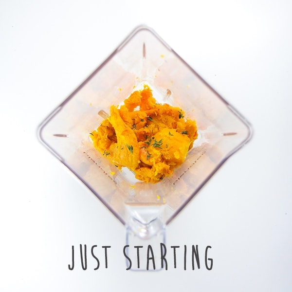 Blender full of roasted sweet potato. 