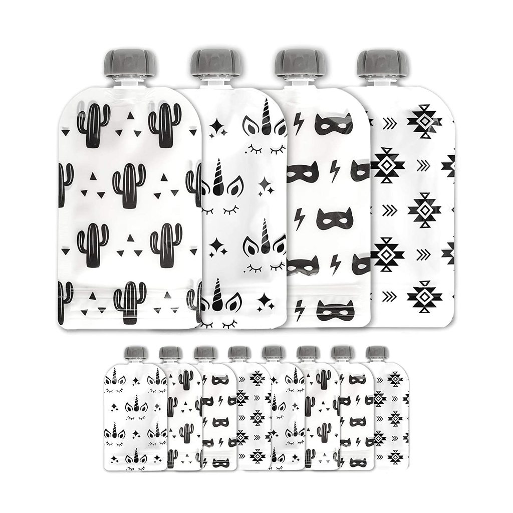 black and clear reusable pouches for baby food.